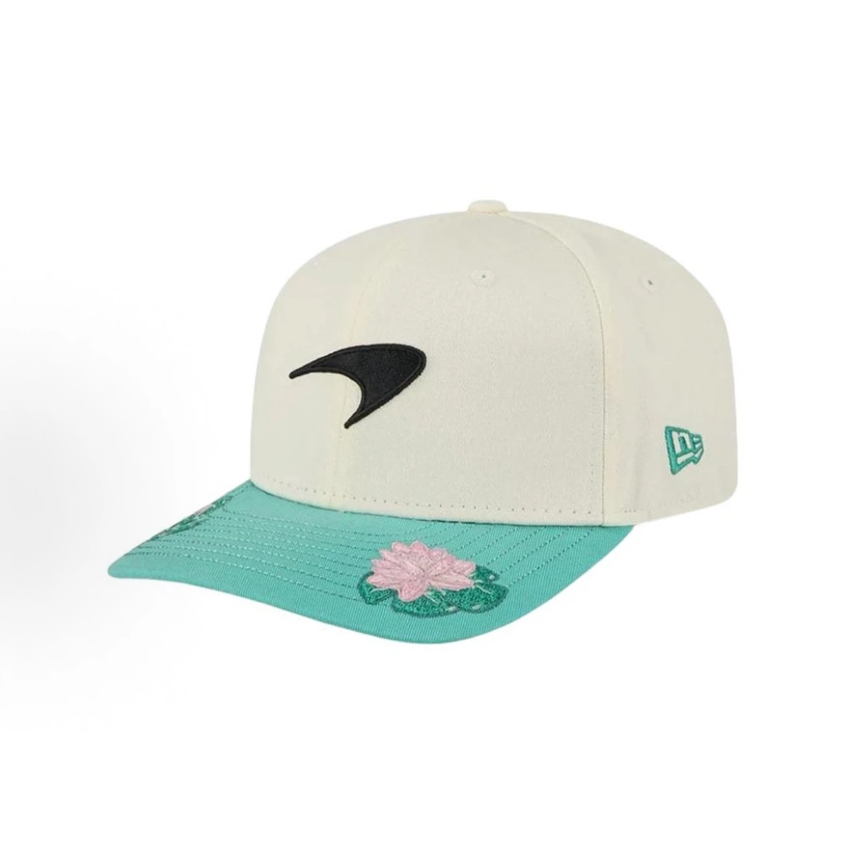 New Era McLaren F1 Brazil GP 2025 Special Edition 9SEVENTY Stretch‑Snap Cap, Cream Teal Floral Embroidered Racing Hat