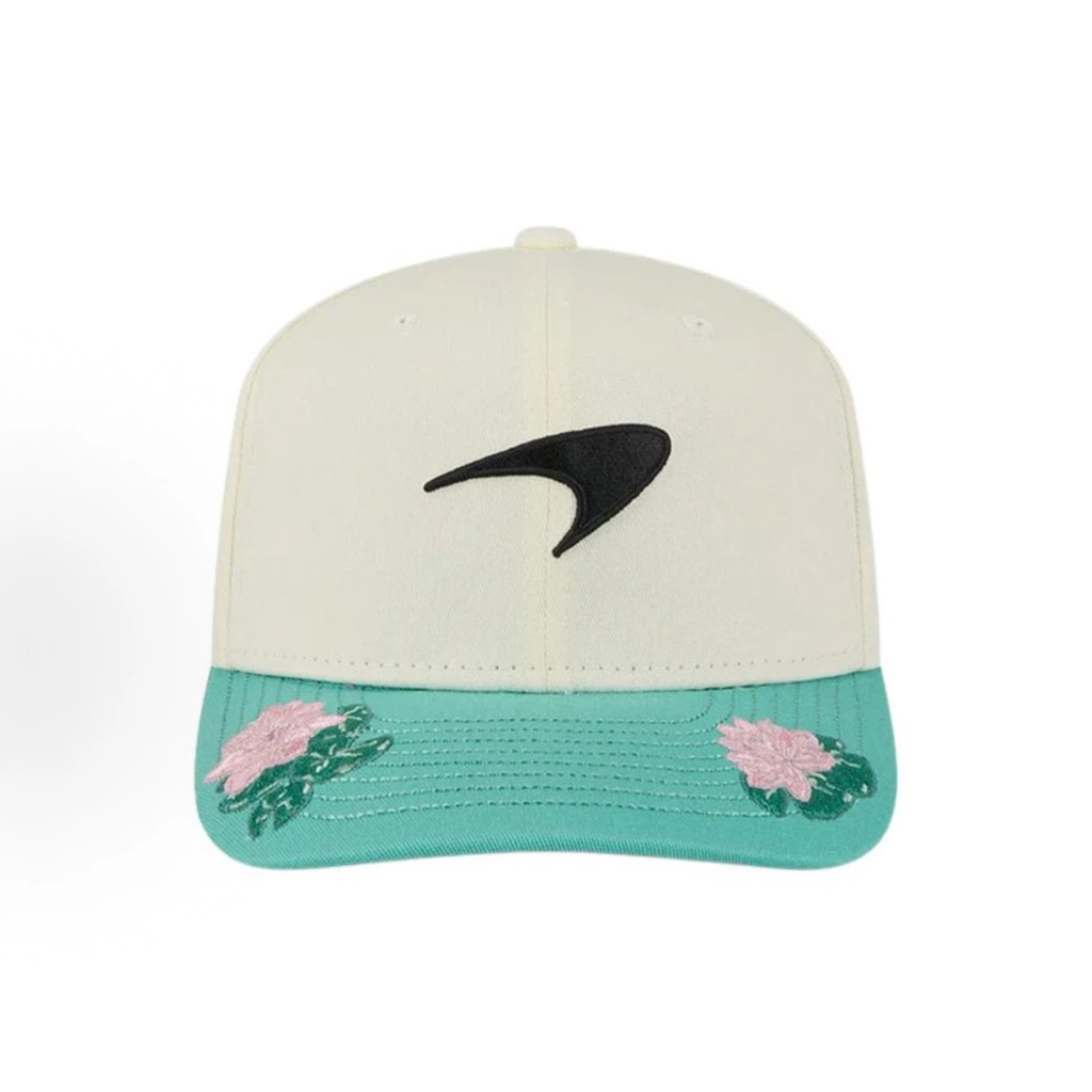New Era McLaren F1 Brazil GP 2025 Special Edition 9SEVENTY Stretch‑Snap Cap, Cream Teal Floral Embroidered Racing Hat