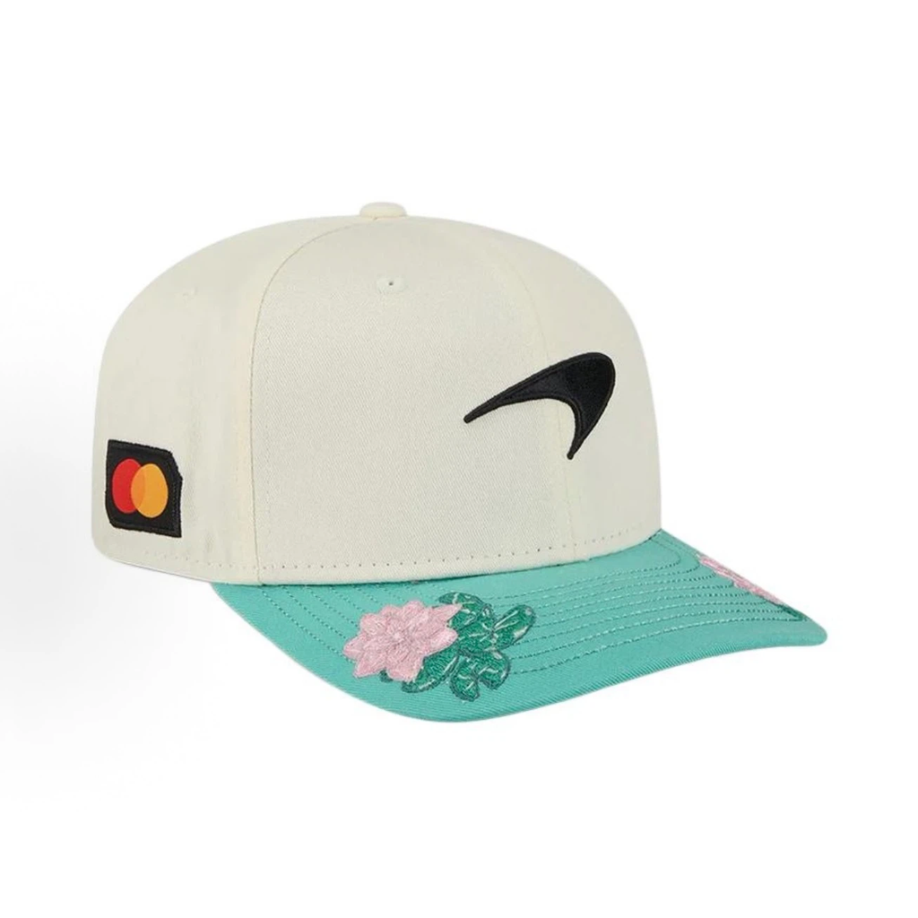 New Era McLaren F1 Brazil GP 2025 Special Edition 9SEVENTY Stretch‑Snap Cap, Cream Teal Floral Embroidered Racing Hat